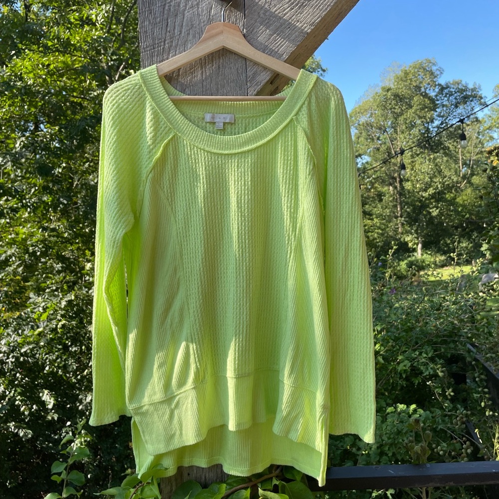 Anthropologie Neon Lime Scoop Neck Waffle Knit Sweater